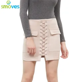 Smoves Women's Vintage High Waist External Pocket Tight Suede Lace Up Skirt Autumn Winter Thick Pencil Skirt Preppy Mini Skirt