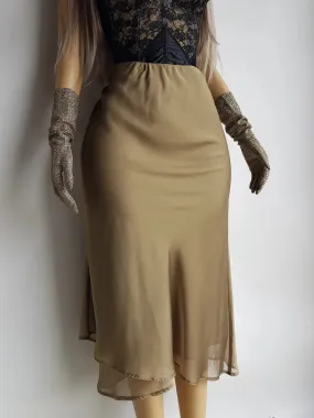 1990s Sexy Bronze Bohemian Rockstar Vintage Bias Cut Maxi Skirt / Dress - Floaty Multi Tier Cut - Double Layered & Stretch Waist - Large Size