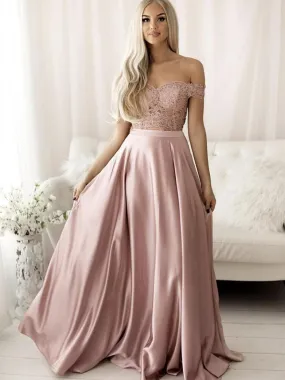 2 Pieces Off Shoulder Pink Lace Long Prom, Two Pieces Pink Lace Formal, Pink Lace Evening