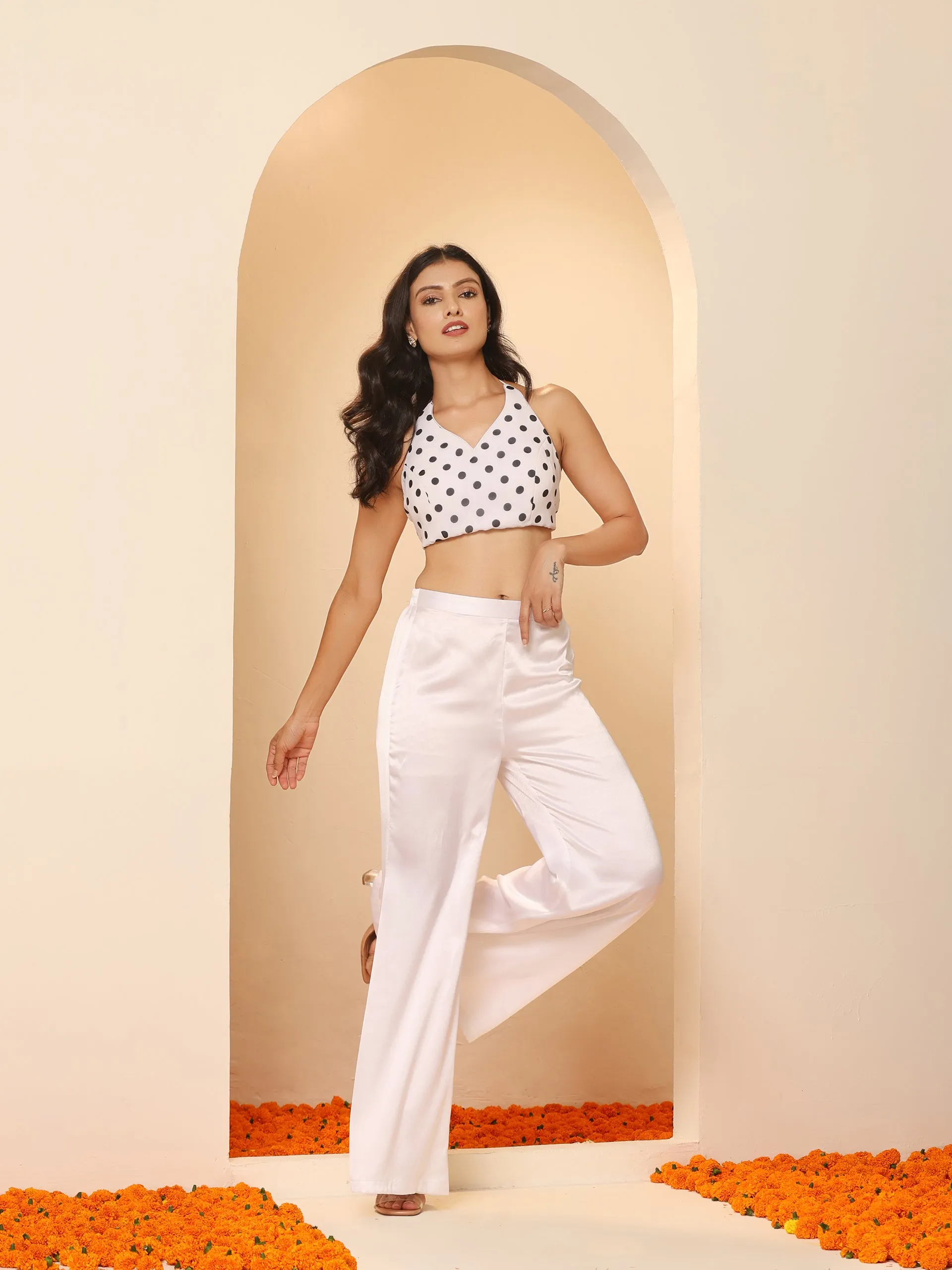 3 pc SET - White Satin Pant, Jacket and Polka Halter Blouse