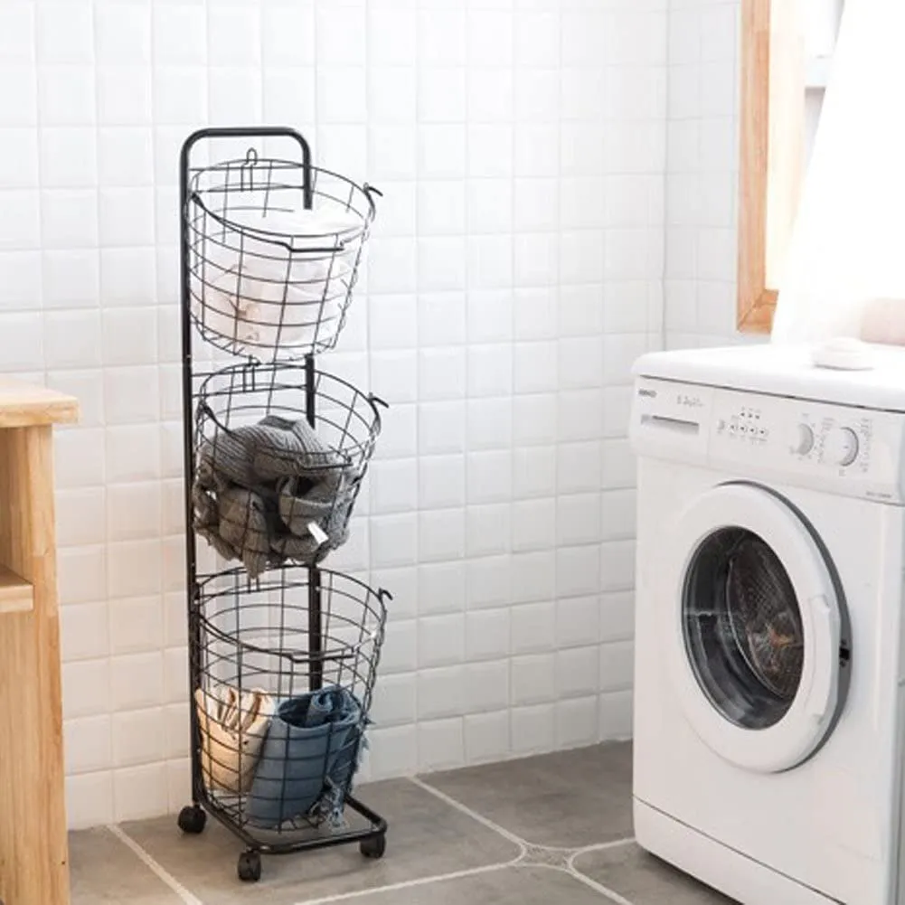 3 Tier Rolling Laundry Hamper with 3 Removable Basket-Black