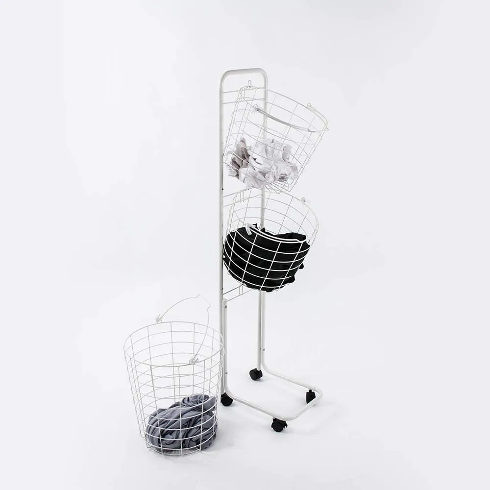 3 Tier Rolling Laundry Hamper with 3 Removable Basket-White