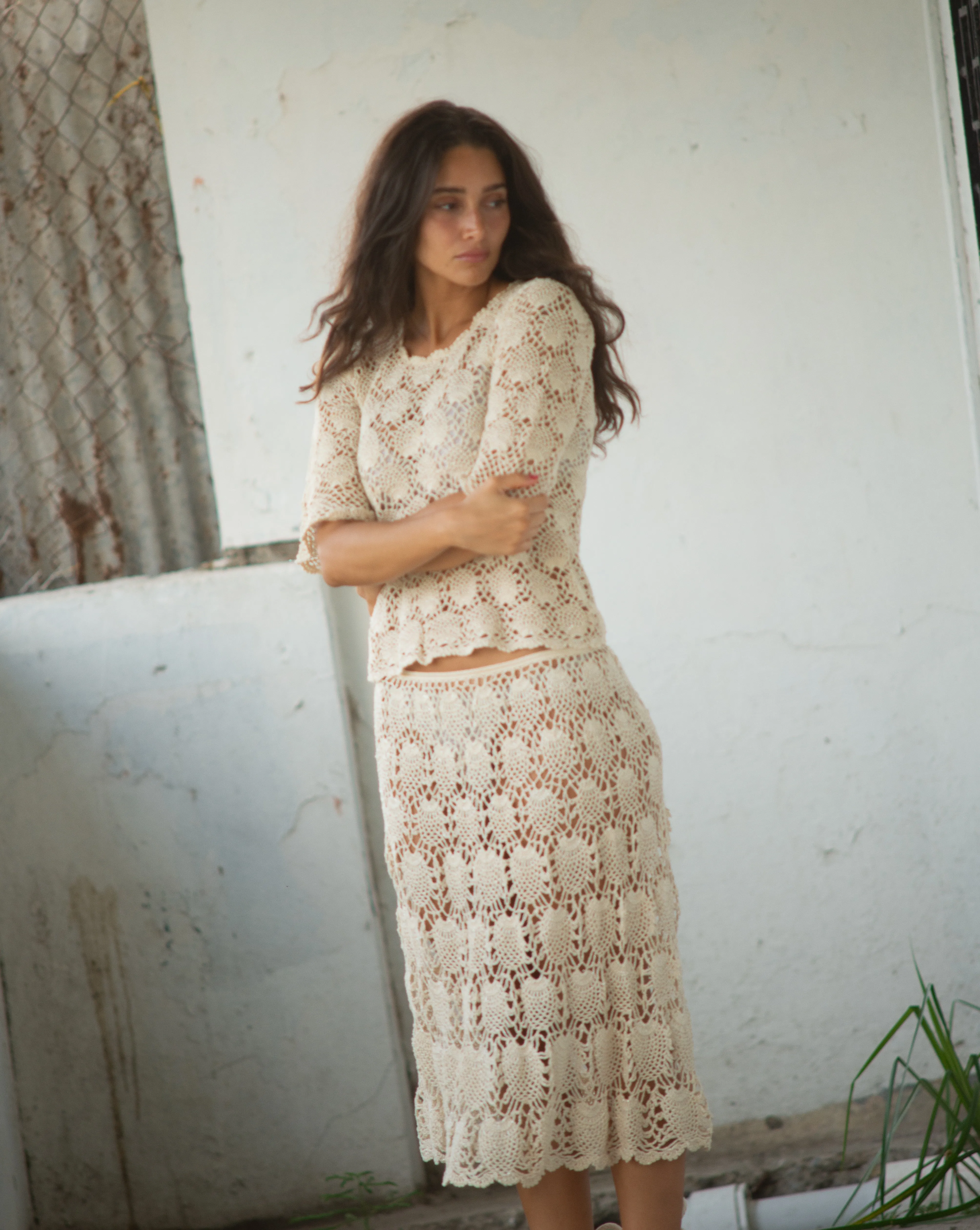 70s cream open weave crochet skirt set, small-med