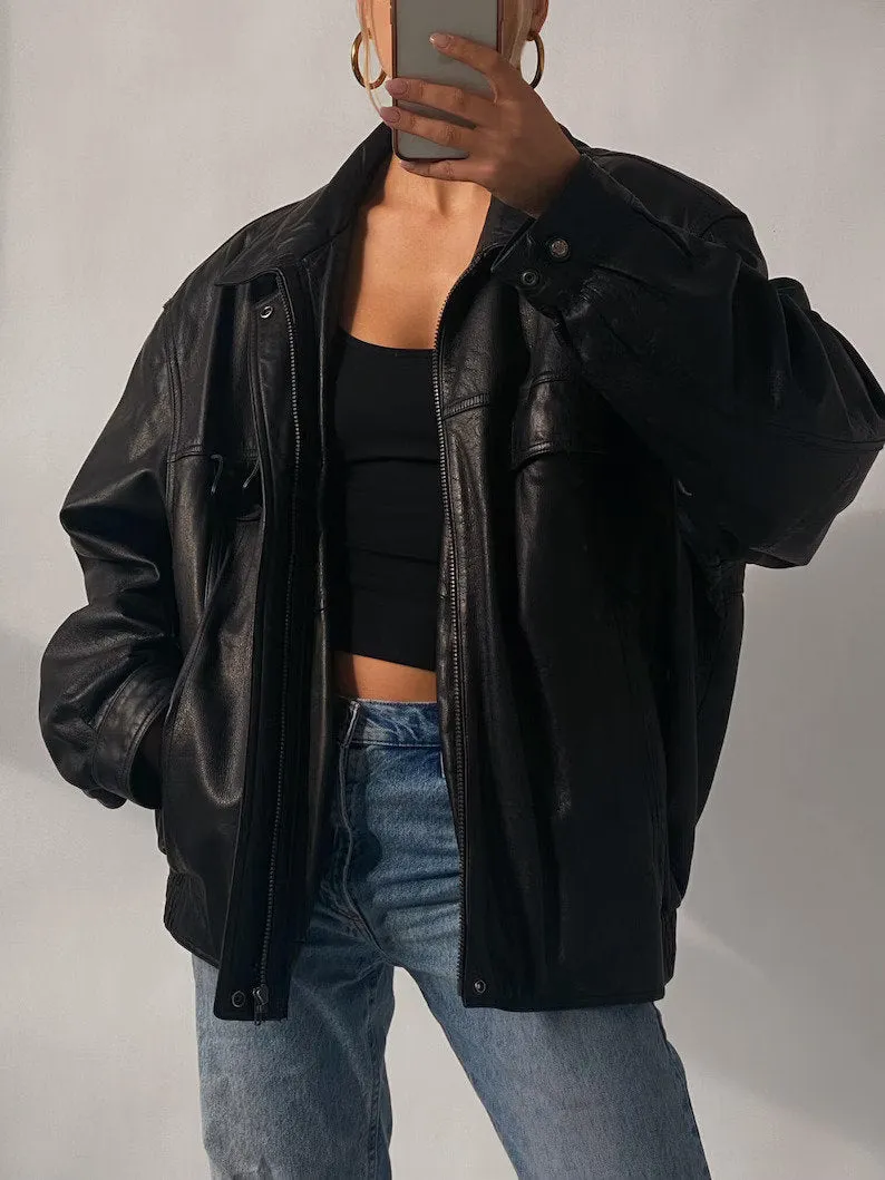 90's Look Vintage Oversized Straight Black Bomber Jacket, Old School Jacket woman