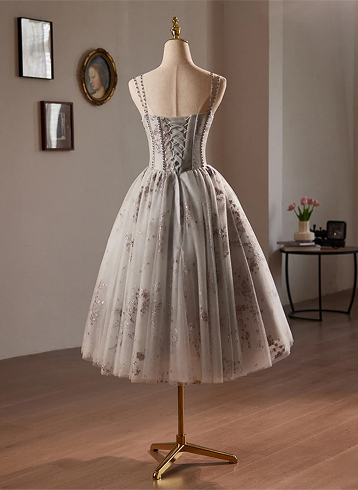 A-line Grey Knee Length Beaded Homecoming Dress, Grey Tulle Short Prom Dress