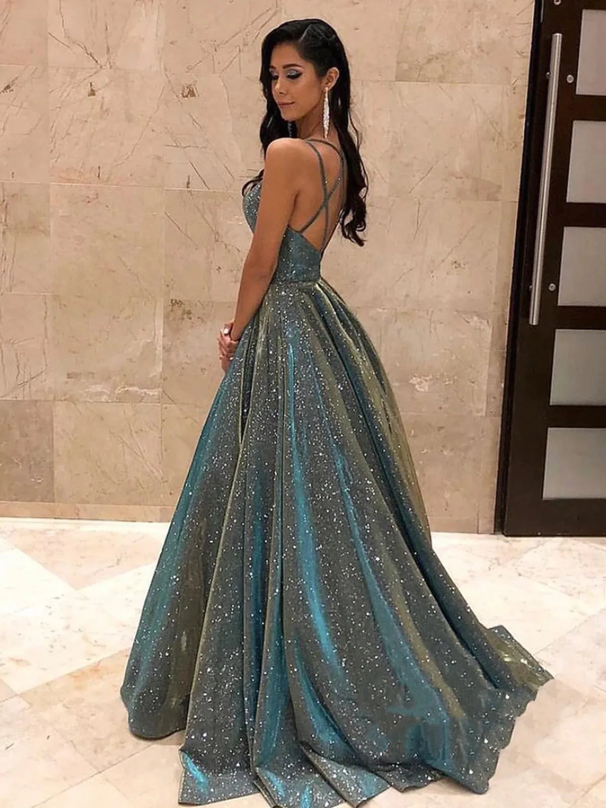 A Line V Neck Backless Gray Long Prom Dresses, Backless Grey Formal Graduation Evening Dresses SP2391