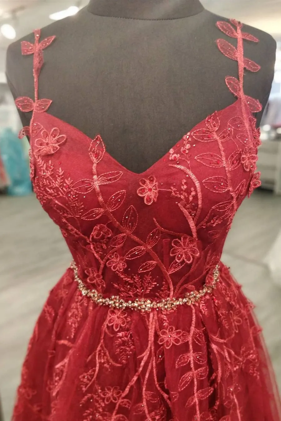 A Line V Neck Burgundy Lace Floral Long Prom, Wine Red Lace Formal, Burgundy Evening