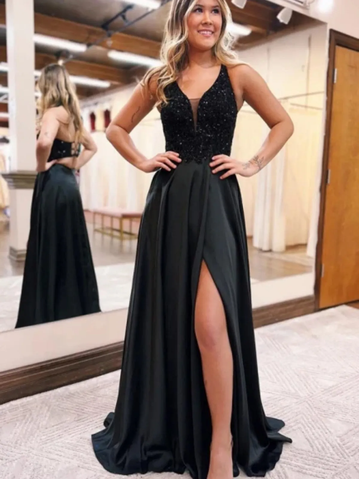 A Line V Neck Open Back Black Sequin Long Prom Dresses with High Slit, V Neck Black Formal Graduation Evening Dresses SP2797