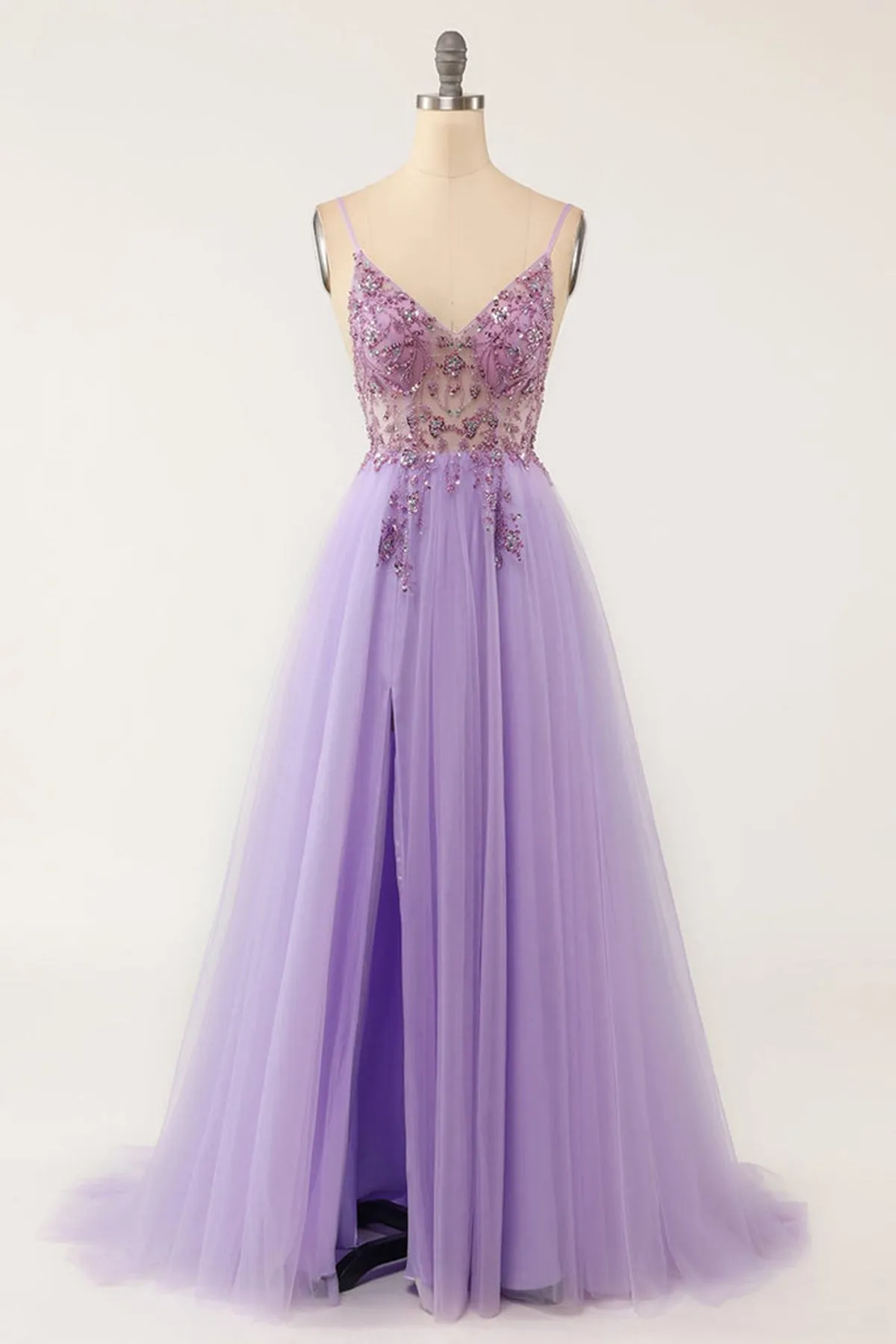 A Line V Neck Purple Beaded Long Prom Dress with High Slit, Beaded Purple Formal Graduation Evening Dress A1717