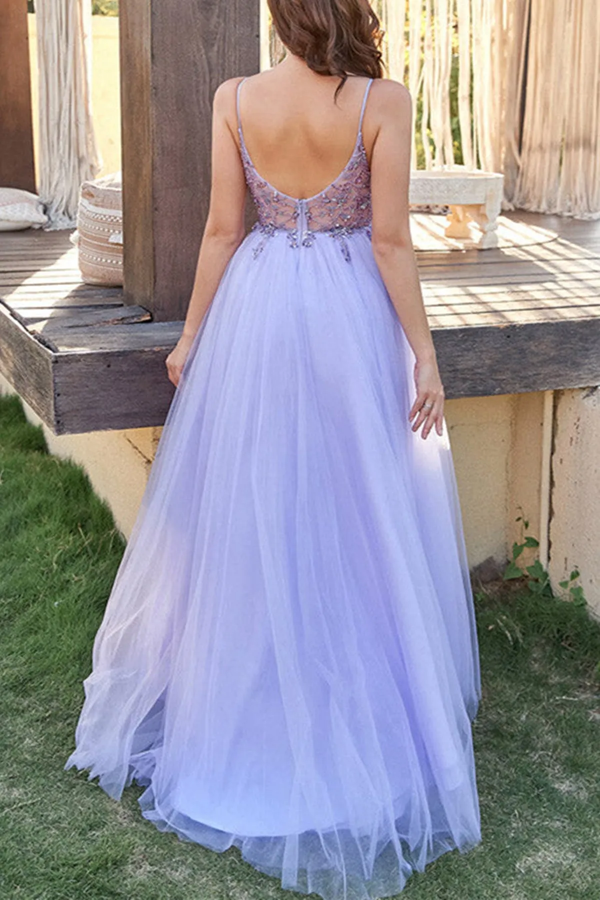 A Line V Neck Purple Beaded Long Prom Dress with High Slit, Beaded Purple Formal Graduation Evening Dress A1717