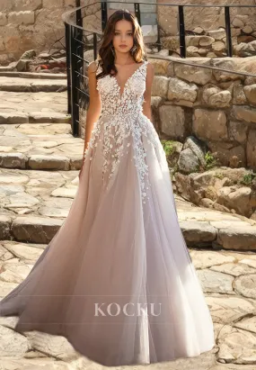 A-Line V-Neck Straps Sleeveless Sweep Train Pleated Lace Wedding Dress with Appliques Bridal Dress