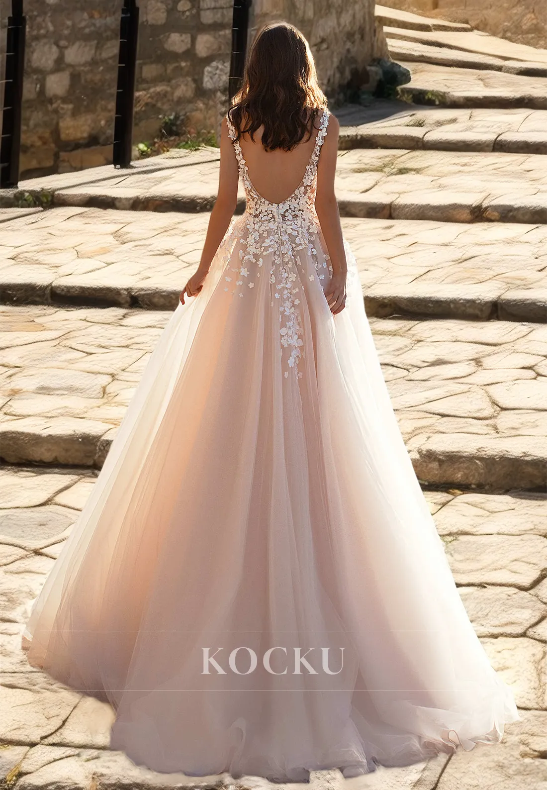 A-Line V-Neck Straps Sleeveless Sweep Train Pleated Lace Wedding Dress with Appliques Bridal Dress