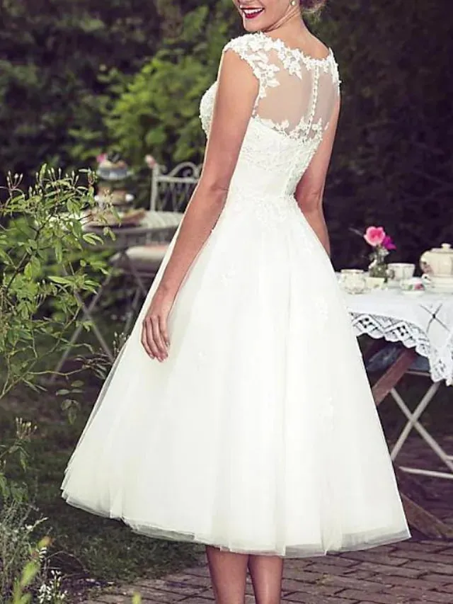 A-Line Wedding Dress Tea Length Sleeveless Bateau Lace Tulle Bridal Gown