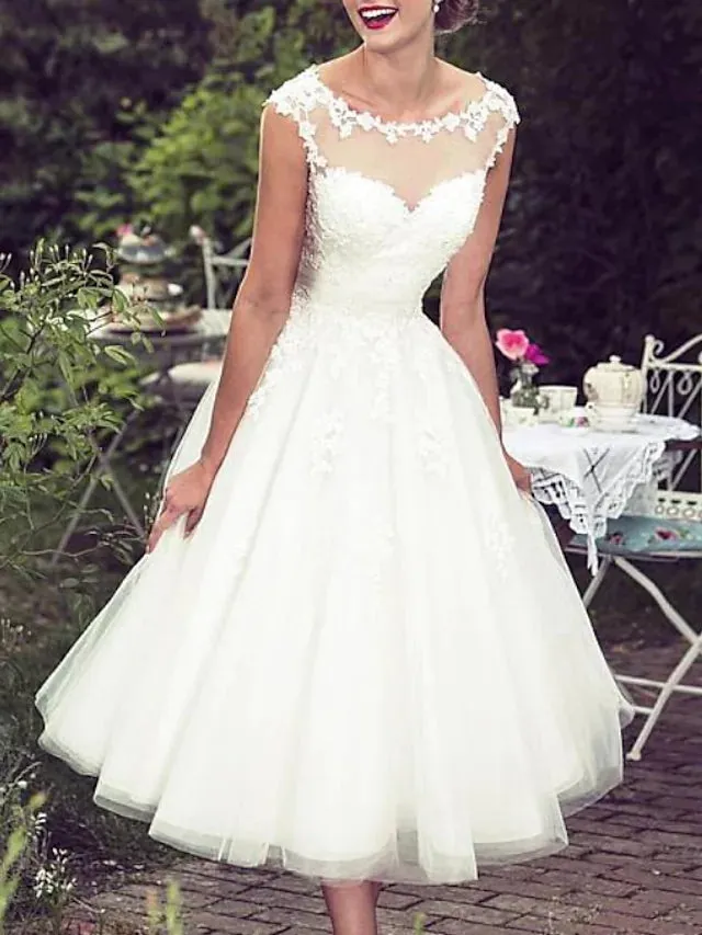 A-Line Wedding Dress Tea Length Sleeveless Bateau Lace Tulle Bridal Gown