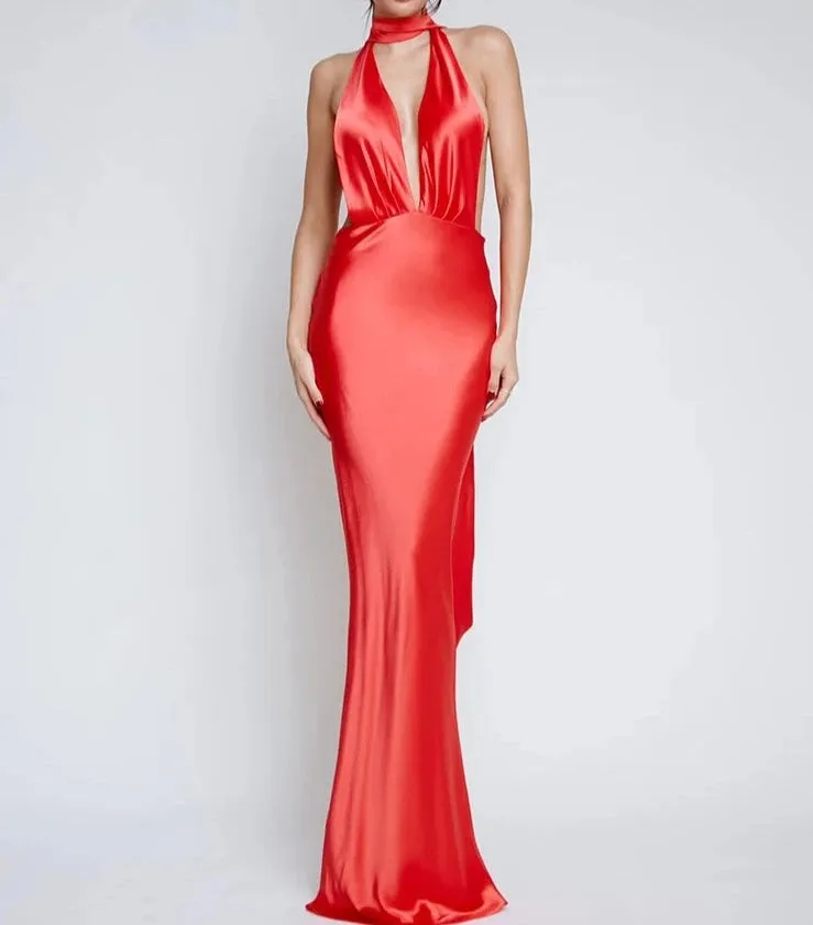 A&A Deep Plunge Satin Backless Maxi Evening Dress