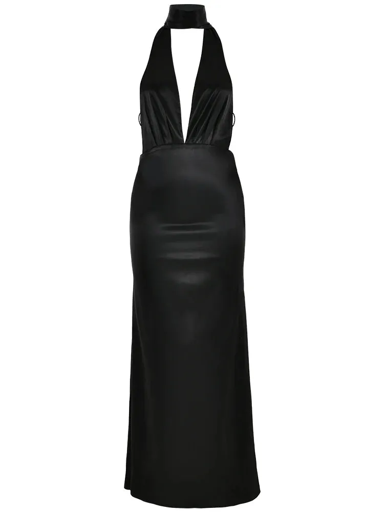 A&A Deep Plunge Satin Backless Maxi Evening Dress