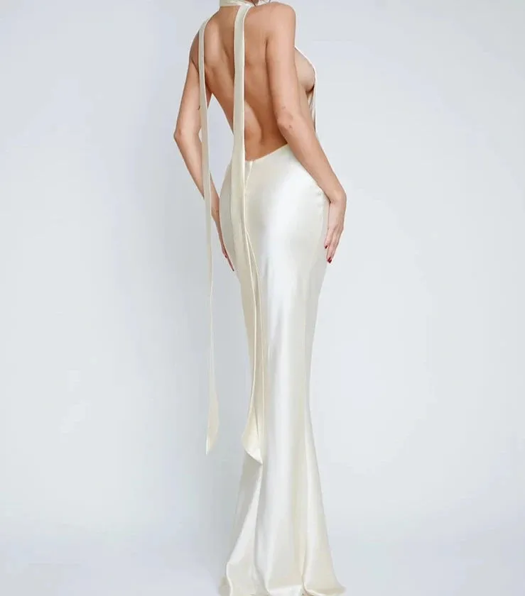 A&A Deep Plunge Satin Backless Maxi Evening Dress