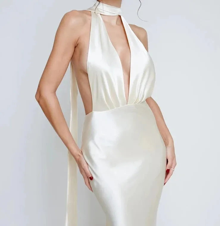 A&A Deep Plunge Satin Backless Maxi Evening Dress