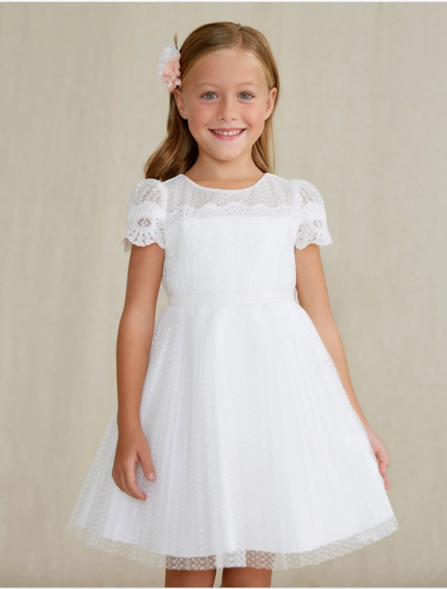 Abel & Lula Girls White Pleated Tulle Dress