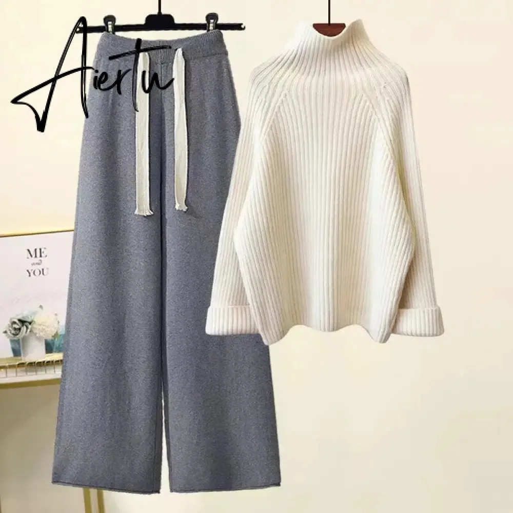 Aiertu Autumn Winter Warm Knitted Suit Women Long Sleeve Half Turtleneck Knitting Sweater And Wide Leg Pants Sets Outer Wear Loose Set