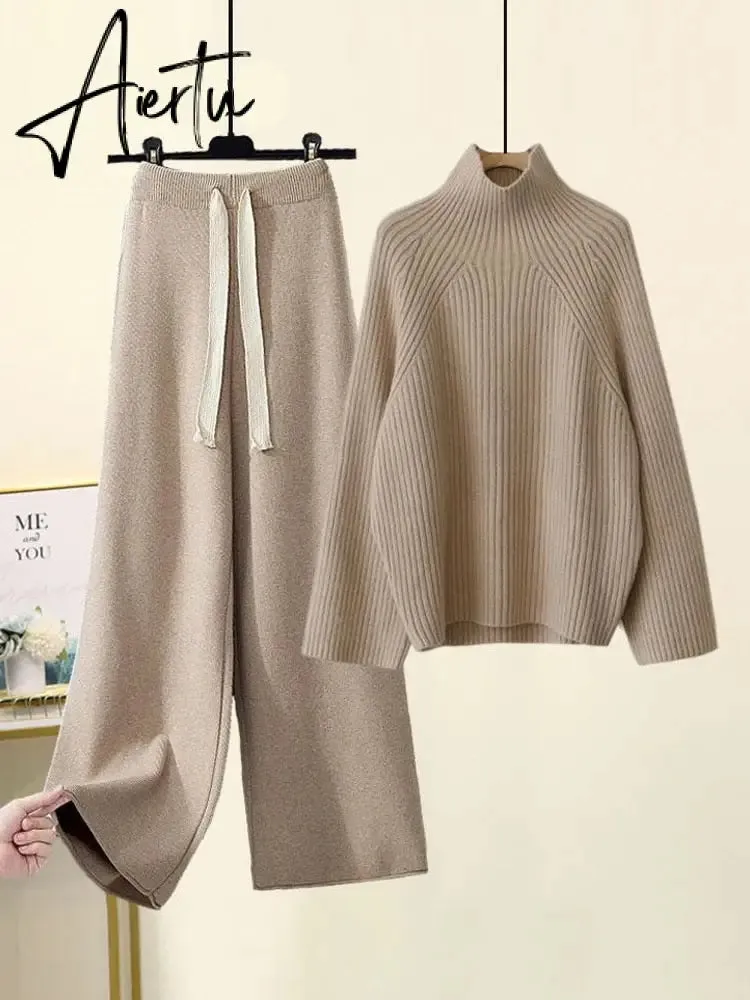 Aiertu Autumn Winter Warm Knitted Suit Women Long Sleeve Half Turtleneck Knitting Sweater And Wide Leg Pants Sets Outer Wear Loose Set