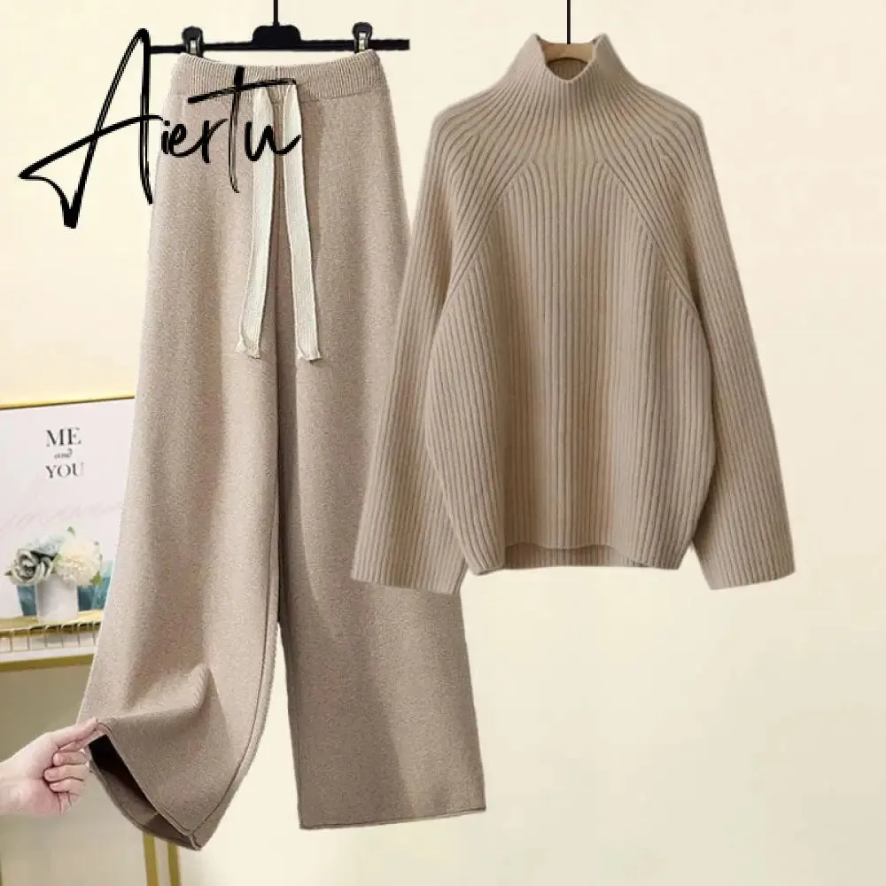 Aiertu Autumn Winter Warm Knitted Suit Women Long Sleeve Half Turtleneck Knitting Sweater And Wide Leg Pants Sets Outer Wear Loose Set