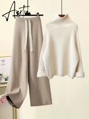 Aiertu Autumn Winter Warm Knitted Suit Women Long Sleeve Half Turtleneck Knitting Sweater And Wide Leg Pants Sets Outer Wear Loose Set