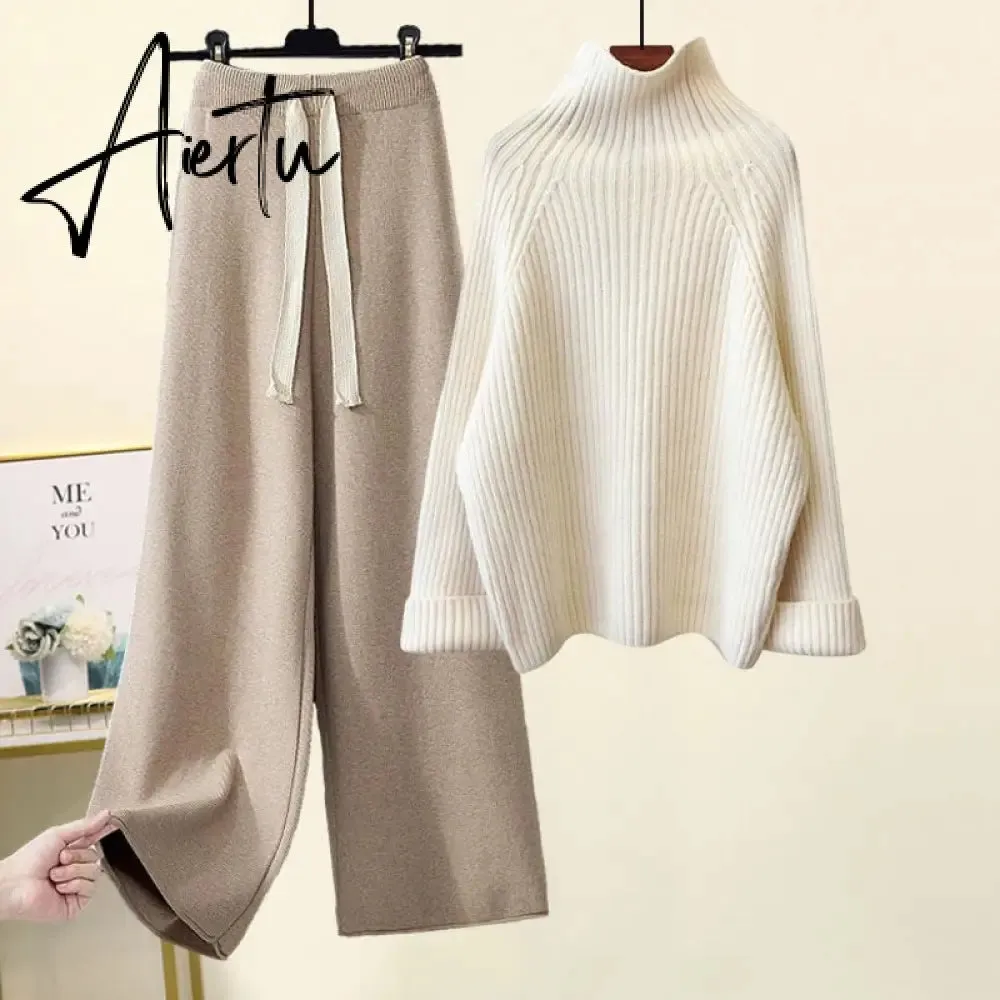 Aiertu Autumn Winter Warm Knitted Suit Women Long Sleeve Half Turtleneck Knitting Sweater And Wide Leg Pants Sets Outer Wear Loose Set