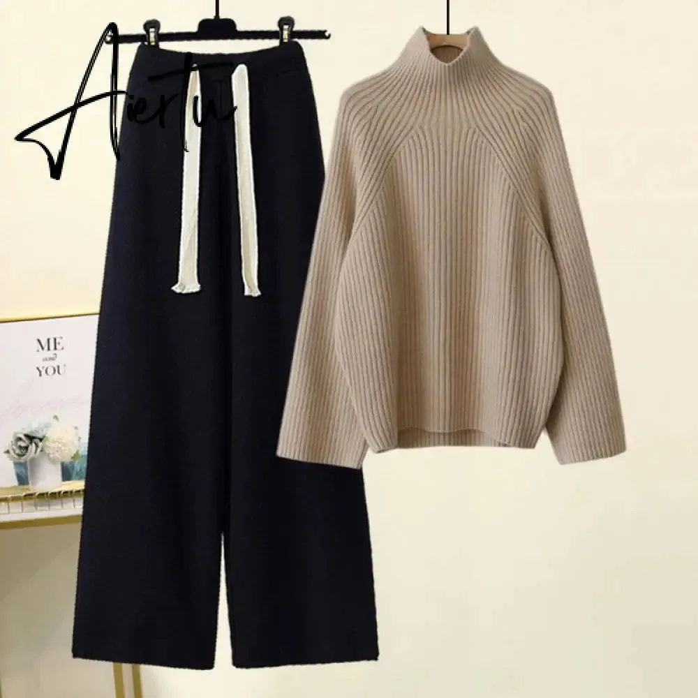 Aiertu Autumn Winter Warm Knitted Suit Women Long Sleeve Half Turtleneck Knitting Sweater And Wide Leg Pants Sets Outer Wear Loose Set