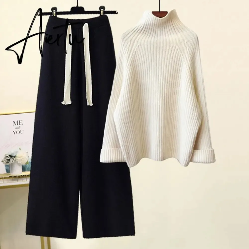 Aiertu Autumn Winter Warm Knitted Suit Women Long Sleeve Half Turtleneck Knitting Sweater And Wide Leg Pants Sets Outer Wear Loose Set