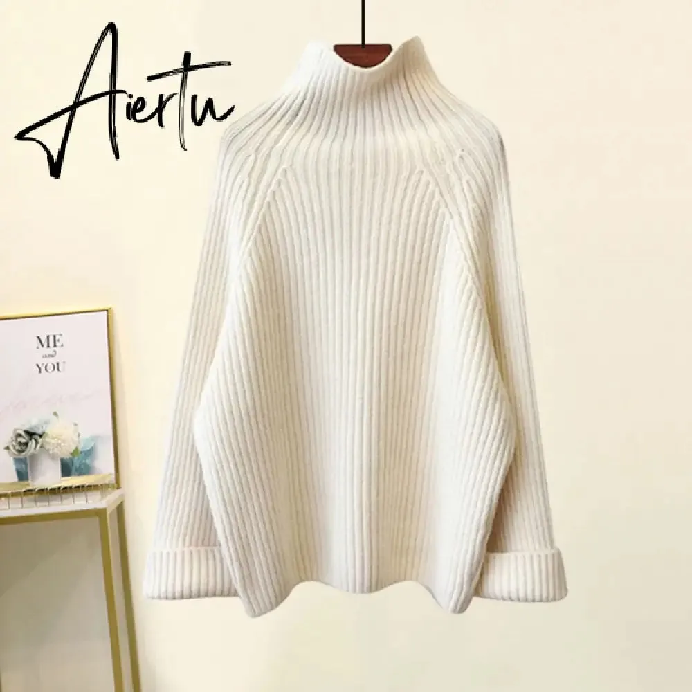 Aiertu Autumn Winter Warm Knitted Suit Women Long Sleeve Half Turtleneck Knitting Sweater And Wide Leg Pants Sets Outer Wear Loose Set