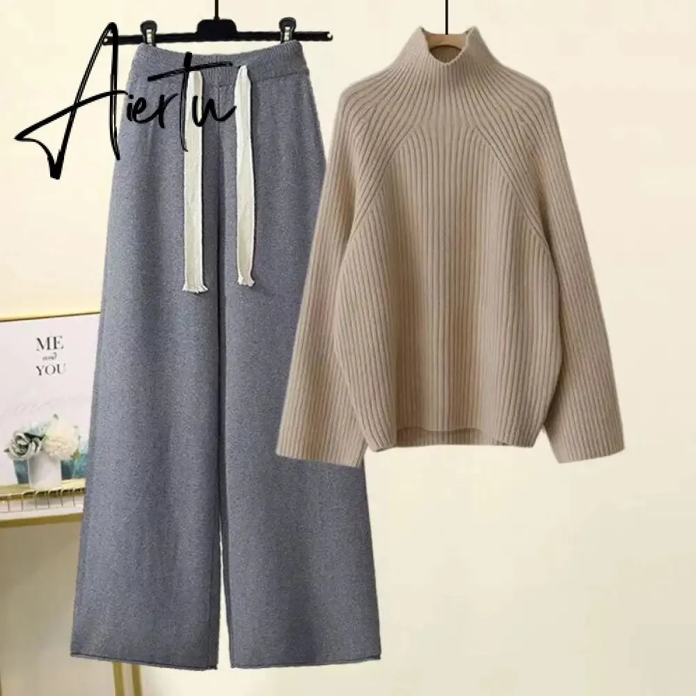 Aiertu Autumn Winter Warm Knitted Suit Women Long Sleeve Half Turtleneck Knitting Sweater And Wide Leg Pants Sets Outer Wear Loose Set