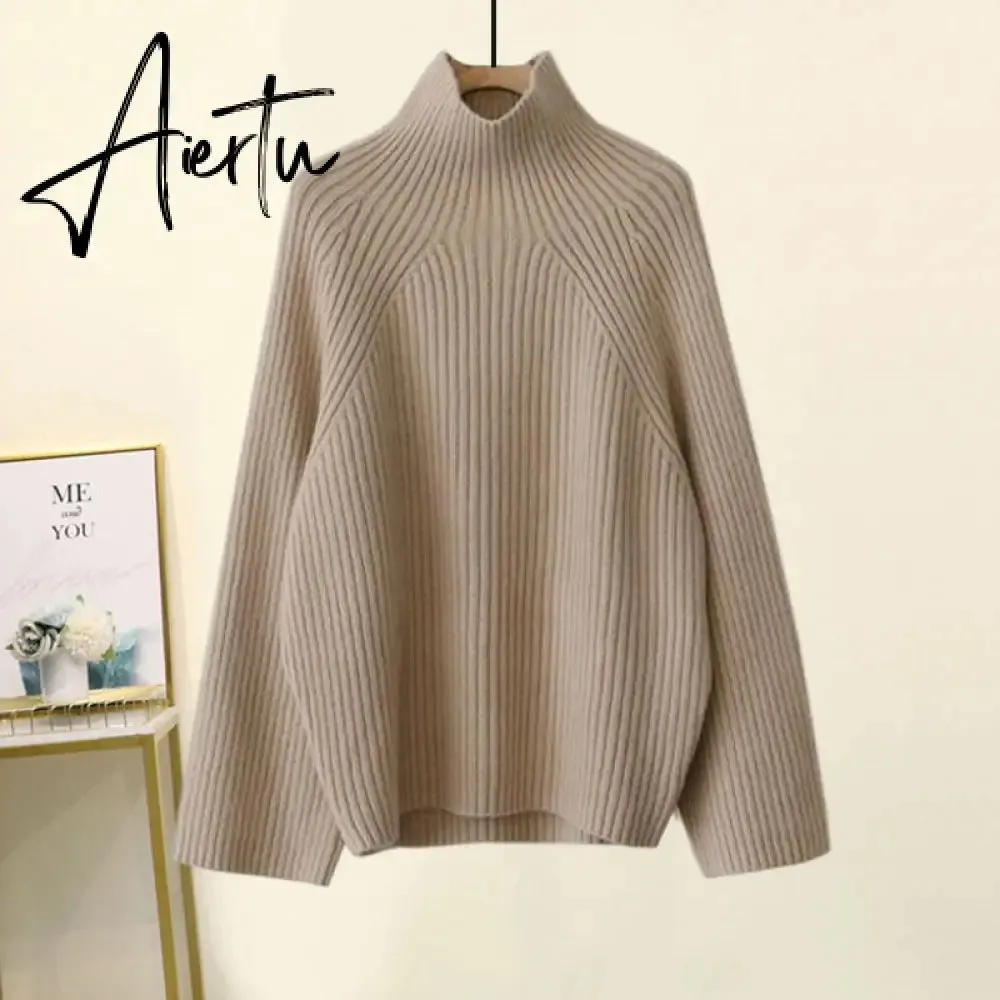 Aiertu Autumn Winter Warm Knitted Suit Women Long Sleeve Half Turtleneck Knitting Sweater And Wide Leg Pants Sets Outer Wear Loose Set