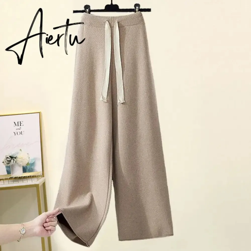 Aiertu Autumn Winter Warm Knitted Suit Women Long Sleeve Half Turtleneck Knitting Sweater And Wide Leg Pants Sets Outer Wear Loose Set