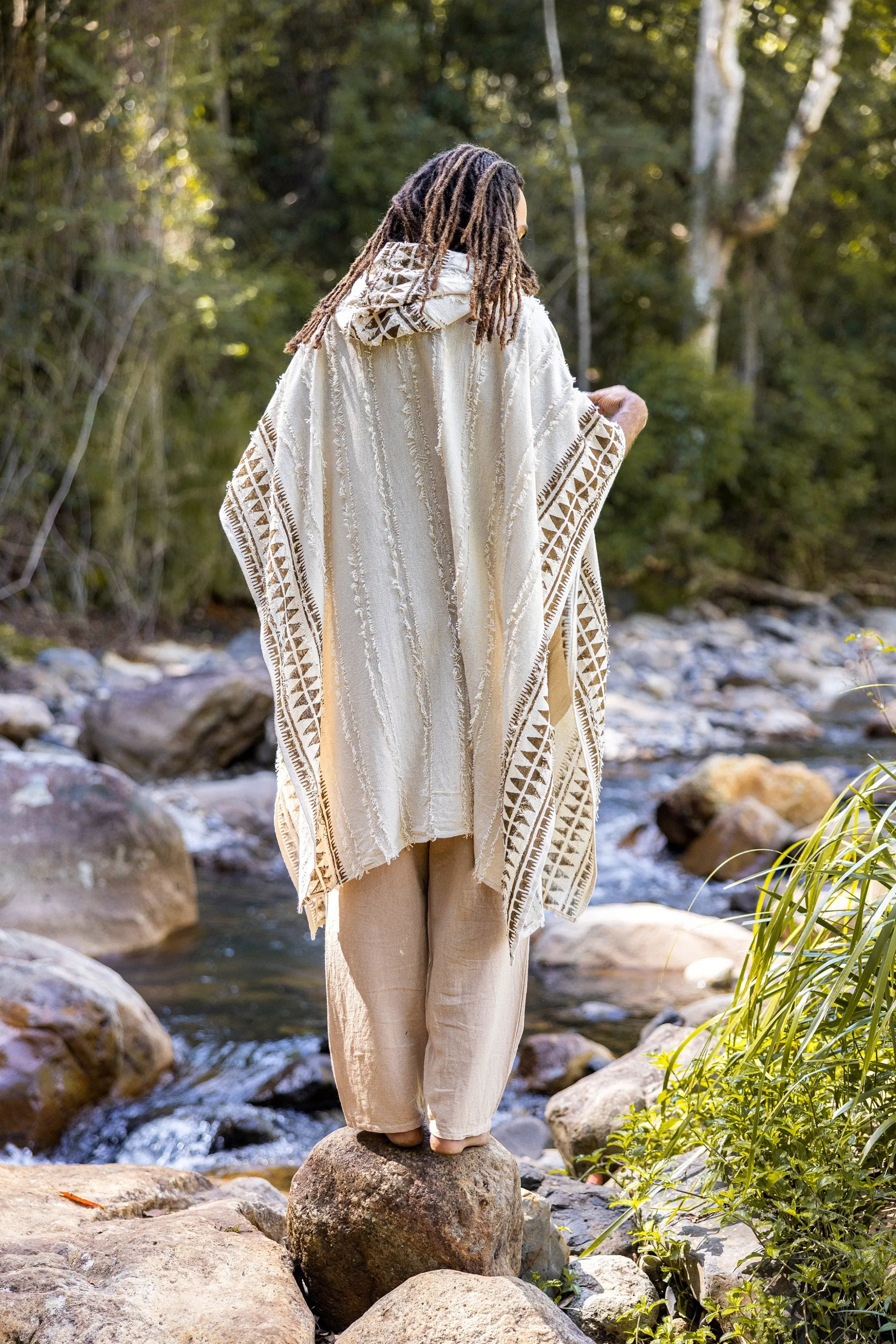 AKKAD Beige Handmade Ceremonial Hooded Poncho Hood Pockets Vegan Cotton Block Printed Tribal Patterns Naturally Dyed Festival Viking AJJAYA