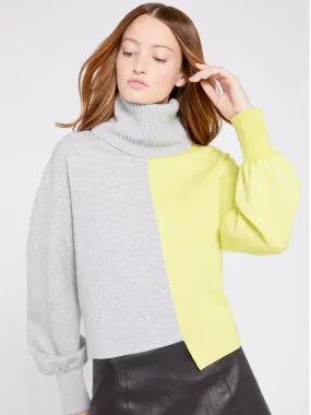 Alice   Olivia - Spencer Colorblock Turtleneck Sweater in Light Heather Grey/Sunny Lime