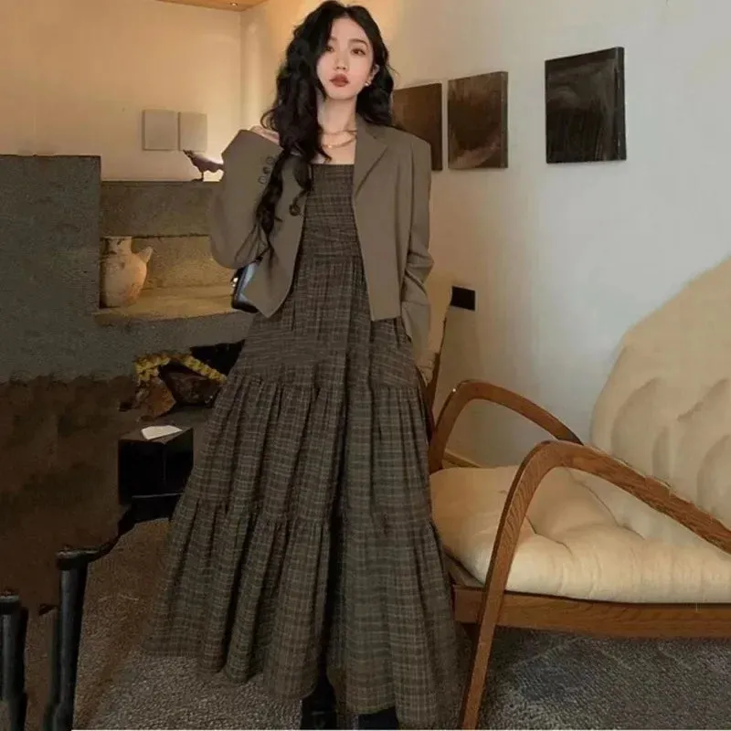 Amozae-Plus Size New Spring-autumn Korean Style Suit Jacket Plaid Tank Dress Slimming Two-piece Suit For Up To 200 Pounds