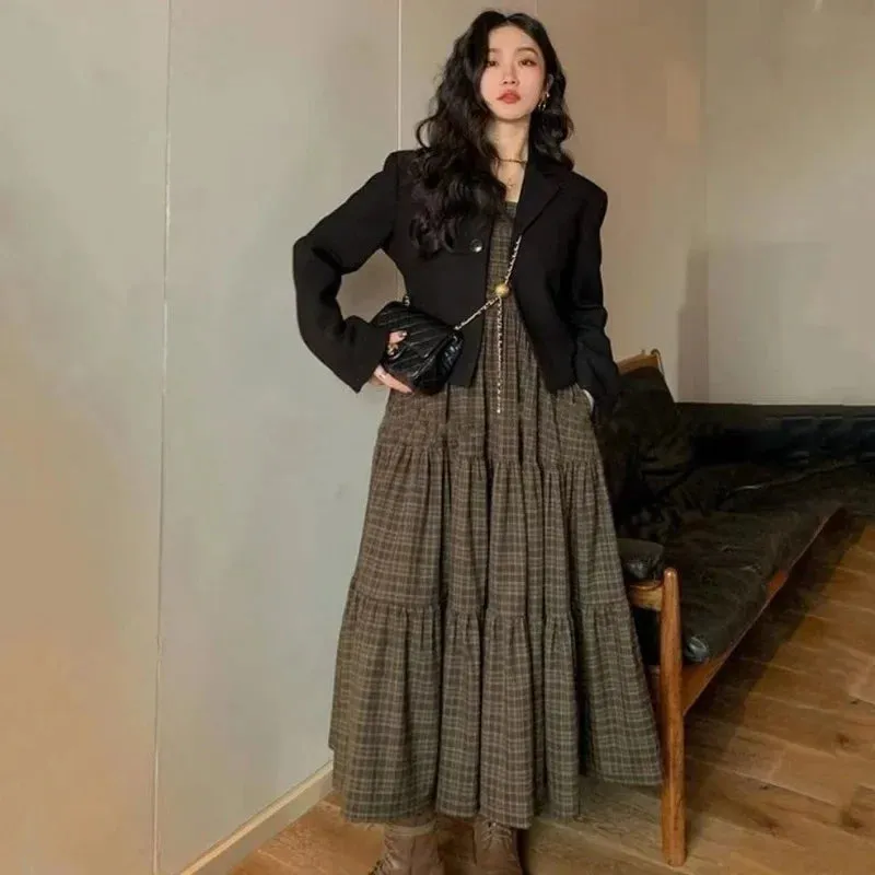 Amozae-Plus Size New Spring-autumn Korean Style Suit Jacket Plaid Tank Dress Slimming Two-piece Suit For Up To 200 Pounds