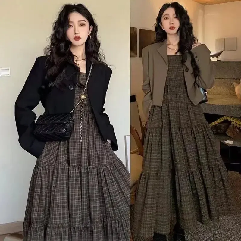 Amozae-Plus Size New Spring-autumn Korean Style Suit Jacket Plaid Tank Dress Slimming Two-piece Suit For Up To 200 Pounds