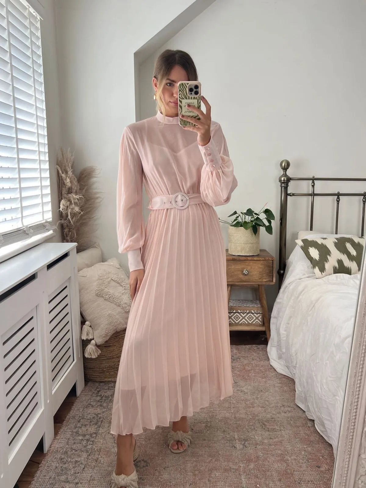 Angelina High Neck Pleated Dress / Blush