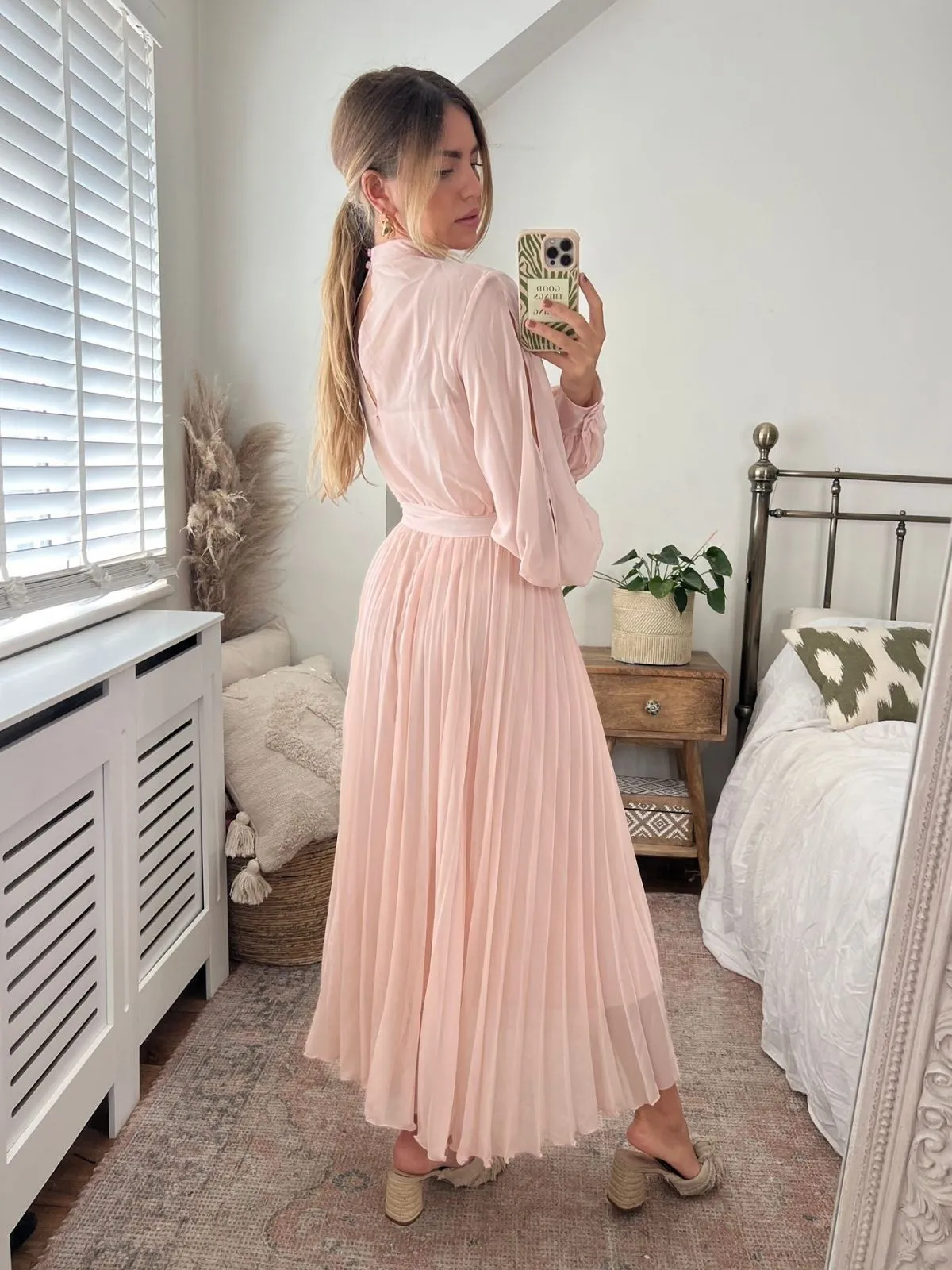 Angelina High Neck Pleated Dress / Blush