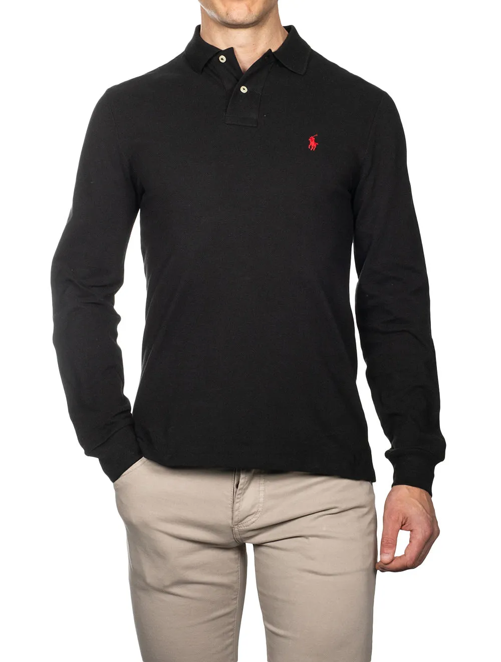 Basic Mesh Long Sleeve Polo Black