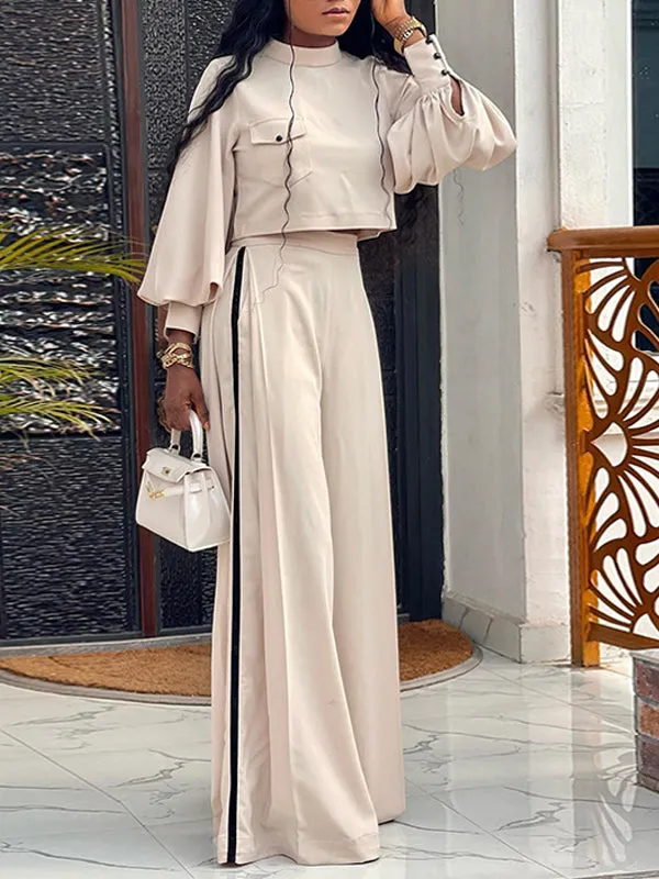 Beautiedoll Mock-Neck Puff-Sleeve Top & Wide-Leg Pants Set