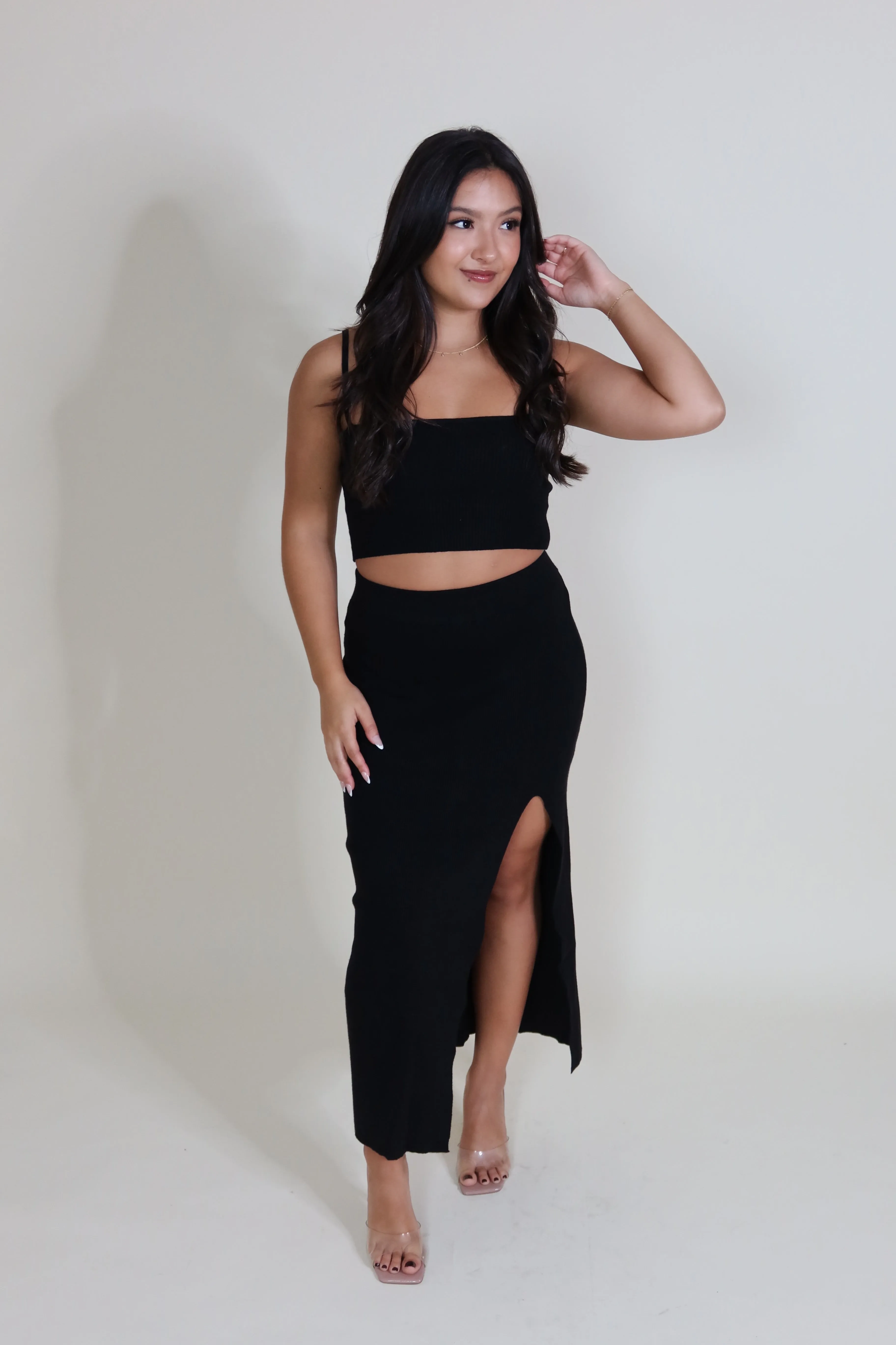 BIANCA RIBBED KNIT MIDI SKIRT SET | BLACK