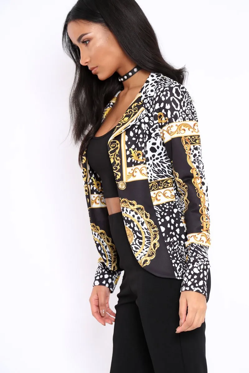 Black & Gold Scarf Print Blazer Jacket - Oscar