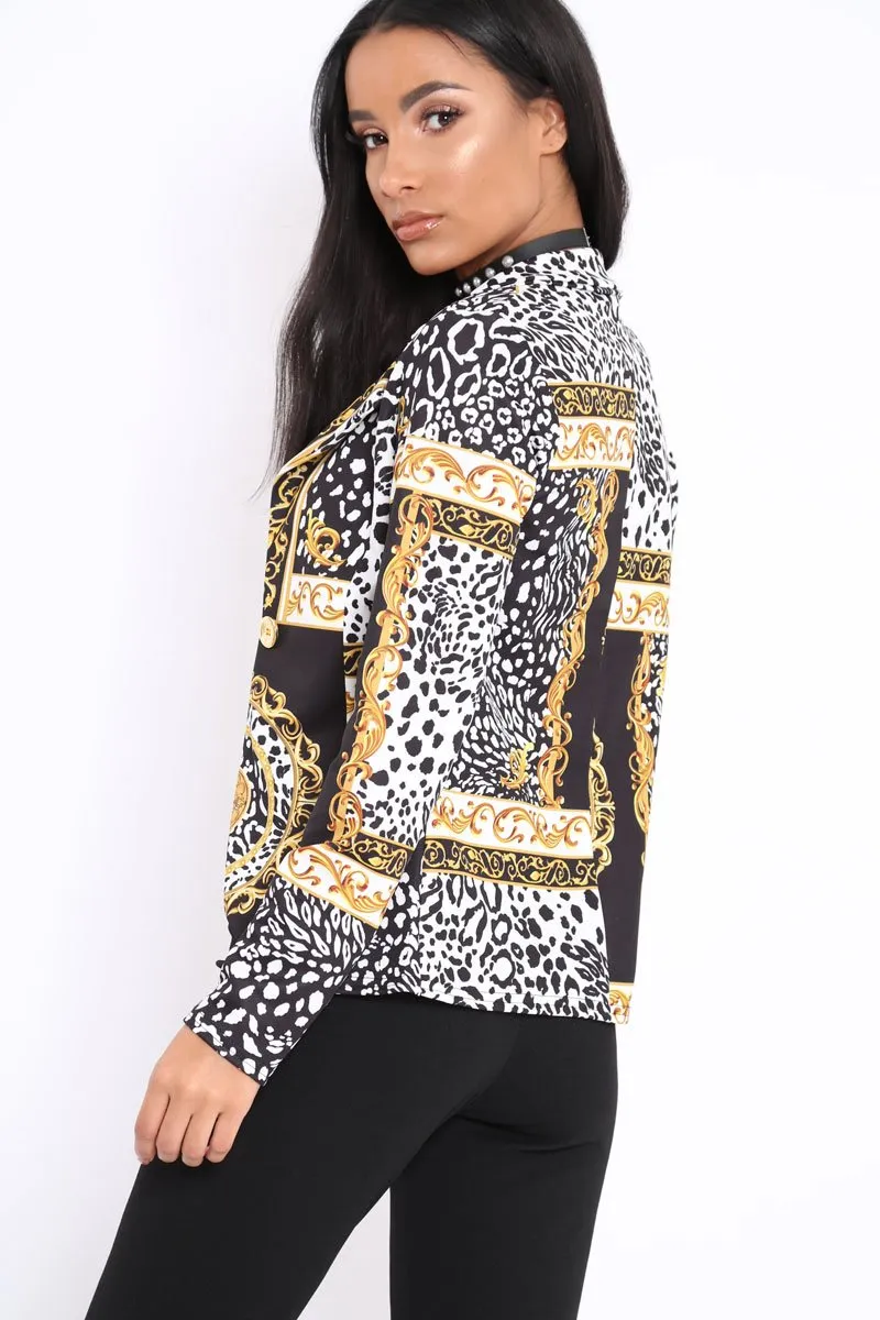 Black & Gold Scarf Print Blazer Jacket - Oscar