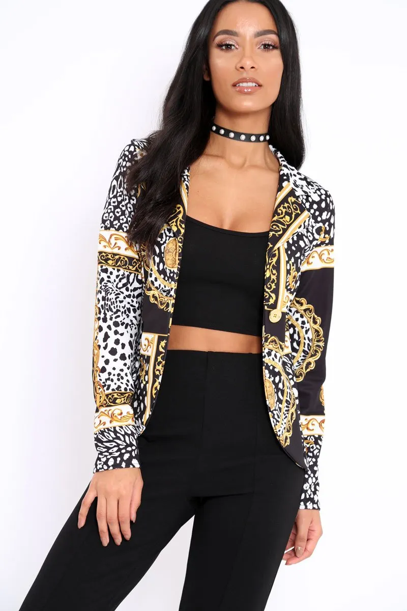 Black & Gold Scarf Print Blazer Jacket - Oscar