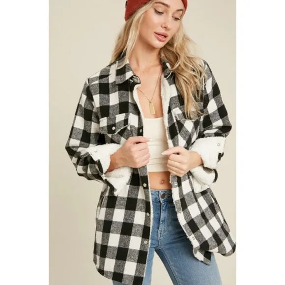 Black Buffalo Plaid Sherpa Lined Shacket Shirt Jacket Womens