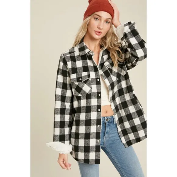 Black Buffalo Plaid Sherpa Lined Shacket Shirt Jacket Womens