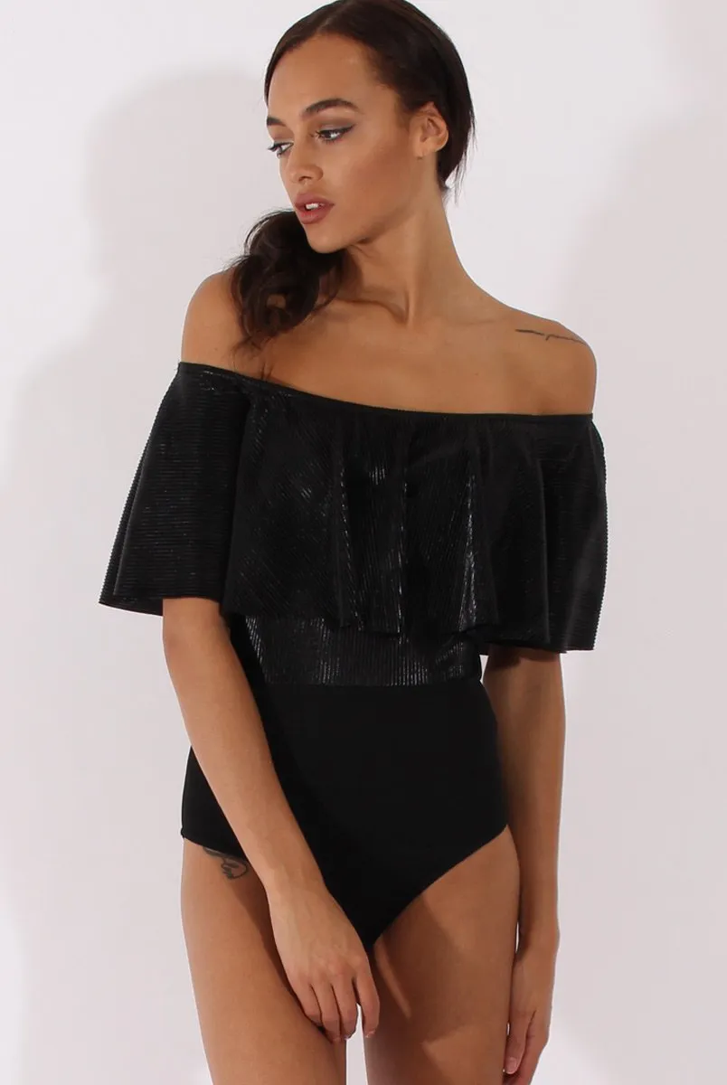 Black Metallic Pleated Bardot Bodysuit - Aubree